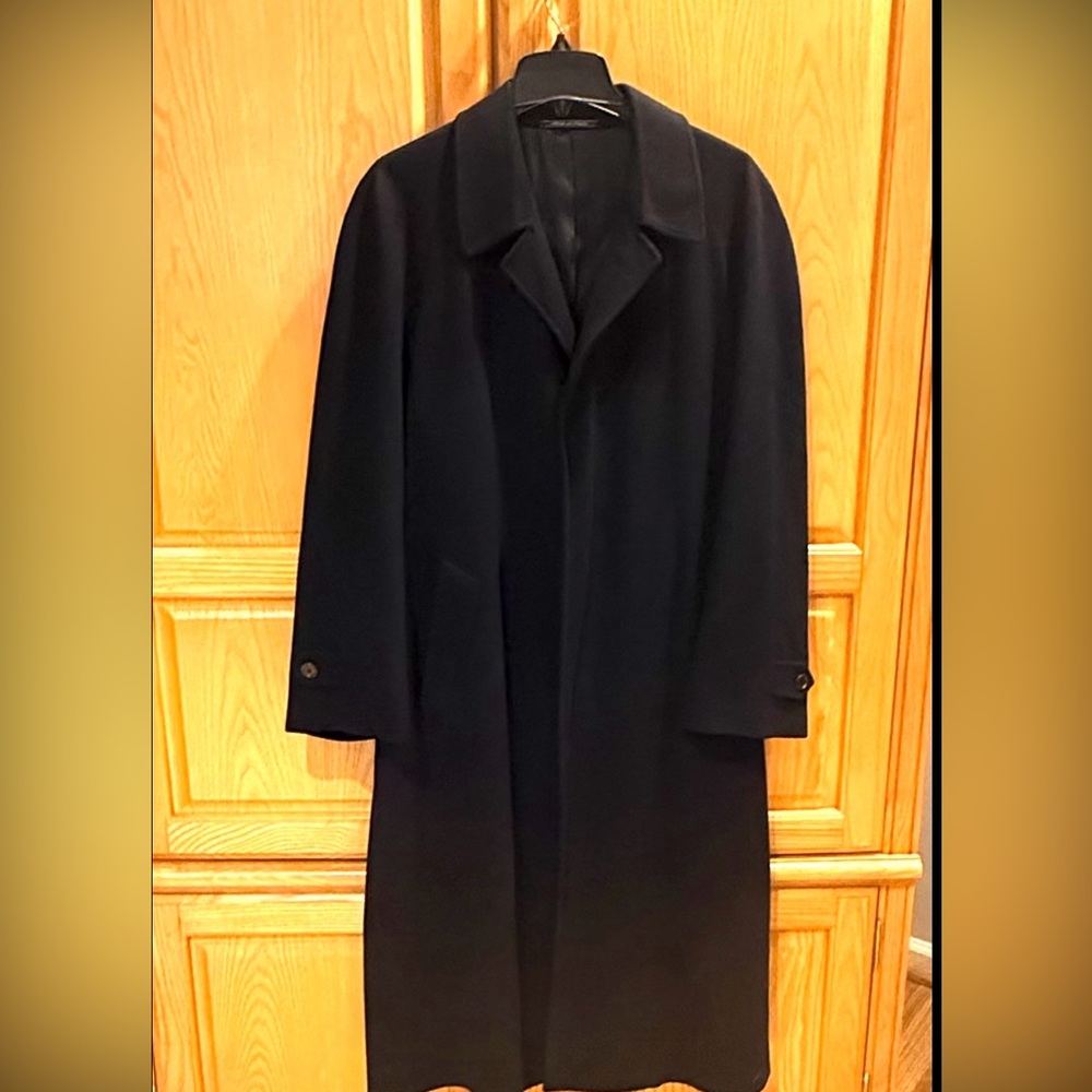 100% Cashmere Men’s Long Black Overcoat Trussini Made in Italy Size 48